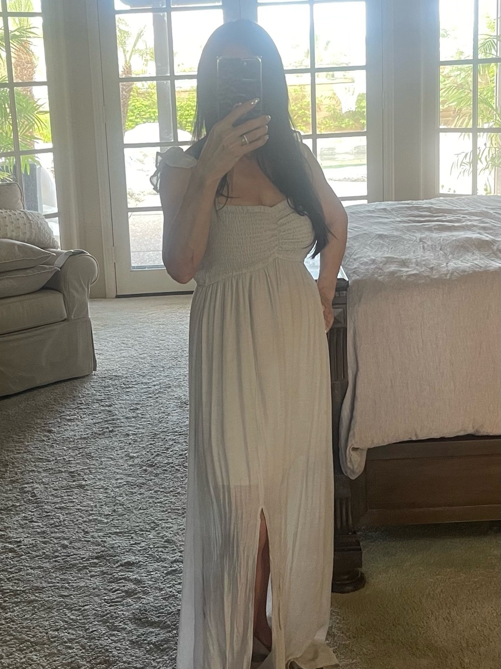 Women's light Gray Smocked Maxi Dress with Front Slit